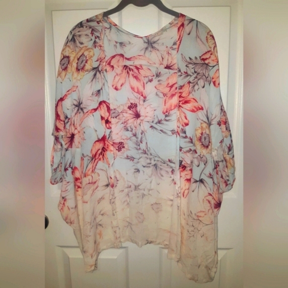 🆕️(M)🌼🔥Mystree🔥🌼 100% Rayon Kimono White w Dipped Floral Flowy Short Sleeve - Picture 7 of 8